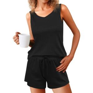 imageEkouaer Womens Pajamas Sleeveless V Neck Pjs Set Ribbed Knit Summer Loungewear Sleepwear SXXLBlack