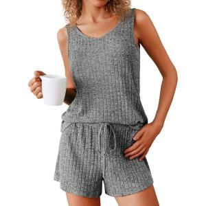imageEkouaer Womens Pajamas Sleeveless V Neck Pjs Set Ribbed Knit Summer Loungewear Sleepwear SXXLDark Gray