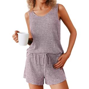 imageEkouaer Womens Pajamas Sleeveless V Neck Pjs Set Ribbed Knit Summer Loungewear Sleepwear SXXLDeep Pink