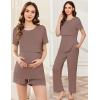 imageEkouaer 3 Piece Postpartum Nursing Pajamas Set Short Sleeve Breastfeeding Shirts Pregnancy Shorts ampamp Pants Maternity PjsBrown