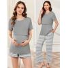 imageEkouaer 3 Piece Postpartum Nursing Pajamas Set Short Sleeve Breastfeeding Shirts Pregnancy Shorts ampamp Pants Maternity PjsGray Stripes