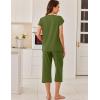 imageEkouaer Capri Cotton Pajama Sets Short Sleeve Pleated Top and Pants 2 Piece Pjs Sleepwear with Pockets for WomenArmy Green