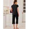 imageEkouaer Capri Cotton Pajama Sets Short Sleeve Pleated Top and Pants 2 Piece Pjs Sleepwear with Pockets for WomenBlack