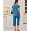 imageEkouaer Capri Cotton Pajama Sets Short Sleeve Pleated Top and Pants 2 Piece Pjs Sleepwear with Pockets for WomenLake Blue