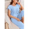 imageEkouaer Capri Cotton Pajama Sets Short Sleeve Pleated Top and Pants 2 Piece Pjs Sleepwear with Pockets for WomenLight Blue