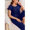 imageEkouaer Capri Cotton Pajama Sets Short Sleeve Pleated Top and Pants 2 Piece Pjs Sleepwear with Pockets for WomenNavy Blue