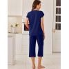 imageEkouaer Capri Cotton Pajama Sets Short Sleeve Pleated Top and Pants 2 Piece Pjs Sleepwear with Pockets for WomenNavy Blue
