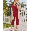 imageEkouaer Capri Cotton Pajama Sets Short Sleeve Pleated Top and Pants 2 Piece Pjs Sleepwear with Pockets for WomenWine Red