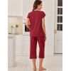 imageEkouaer Capri Cotton Pajama Sets Short Sleeve Pleated Top and Pants 2 Piece Pjs Sleepwear with Pockets for WomenWine Red