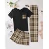 imageEkouaer Womens 3 Piece Pajama Set Short Sleeve Sleepwear Pj Set Top and Shorts Pants Pjs with PocketsBrown Plaid