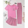imageEkouaer Womens 3 Piece Pajama Set Short Sleeve Sleepwear Pj Set Top and Shorts Pants Pjs with PocketsPink Black Plaid