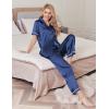 imageEkouaer Womens Silk Pajamas Set Short Sleeve Satin Pjs 2 Piece Soft Loungewear with Pants Button Down SleepwearNavy Blue