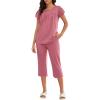 imageEkouaer Capri Cotton Pajama Sets Short Sleeve Pleated Top and Pants 2 Piece Pjs Sleepwear with Pockets for WomenPurple Red