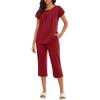 imageEkouaer Capri Cotton Pajama Sets Short Sleeve Pleated Top and Pants 2 Piece Pjs Sleepwear with Pockets for WomenWine Red