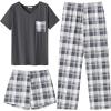 imageEkouaer Womens 3 Piece Pajama Set Short Sleeve Sleepwear Pj Set Top and Shorts Pants Pjs with PocketsLight Gray Plaid