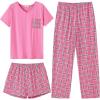 imageEkouaer Womens 3 Piece Pajama Set Short Sleeve Sleepwear Pj Set Top and Shorts Pants Pjs with PocketsPink Black Plaid