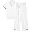 imageEkouaer Womens Silk Pajamas Set Short Sleeve Satin Pjs 2 Piece Soft Loungewear with Pants Button Down SleepwearWhite