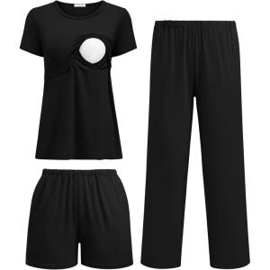 imageEkouaer 3 Piece Postpartum Nursing Pajamas Set Short Sleeve Breastfeeding Shirts Pregnancy Shorts ampamp Pants Maternity PjsBlack