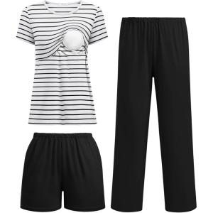 imageEkouaer 3 Piece Postpartum Nursing Pajamas Set Short Sleeve Breastfeeding Shirts Pregnancy Shorts ampamp Pants Maternity PjsBlack White Stripes
