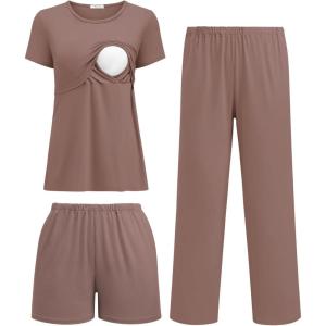 imageEkouaer 3 Piece Postpartum Nursing Pajamas Set Short Sleeve Breastfeeding Shirts Pregnancy Shorts ampamp Pants Maternity PjsBrown