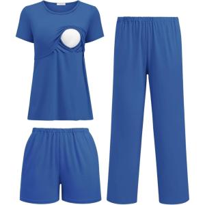 imageEkouaer 3 Piece Postpartum Nursing Pajamas Set Short Sleeve Breastfeeding Shirts Pregnancy Shorts ampamp Pants Maternity PjsDark Blue