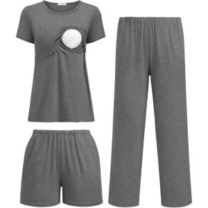 imageEkouaer 3 Piece Postpartum Nursing Pajamas Set Short Sleeve Breastfeeding Shirts Pregnancy Shorts ampamp Pants Maternity PjsDark Gray