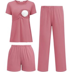 imageEkouaer 3 Piece Postpartum Nursing Pajamas Set Short Sleeve Breastfeeding Shirts Pregnancy Shorts ampamp Pants Maternity PjsGray Purple