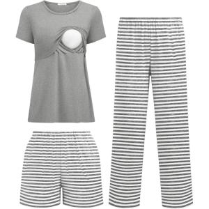 imageEkouaer 3 Piece Postpartum Nursing Pajamas Set Short Sleeve Breastfeeding Shirts Pregnancy Shorts ampamp Pants Maternity PjsGray Stripes