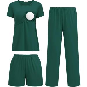 imageEkouaer 3 Piece Postpartum Nursing Pajamas Set Short Sleeve Breastfeeding Shirts Pregnancy Shorts ampamp Pants Maternity PjsLake Green