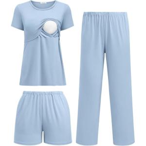 imageEkouaer 3 Piece Postpartum Nursing Pajamas Set Short Sleeve Breastfeeding Shirts Pregnancy Shorts ampamp Pants Maternity PjsLight Blue