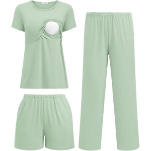 imageEkouaer 3 Piece Postpartum Nursing Pajamas Set Short Sleeve Breastfeeding Shirts Pregnancy Shorts ampamp Pants Maternity PjsLight Green