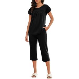 imageEkouaer Capri Cotton Pajama Sets Short Sleeve Pleated Top and Pants 2 Piece Pjs Sleepwear with Pockets for WomenBlack