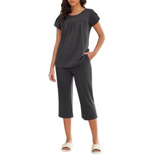 imageEkouaer Capri Cotton Pajama Sets Short Sleeve Pleated Top and Pants 2 Piece Pjs Sleepwear with Pockets for WomenDark Gray