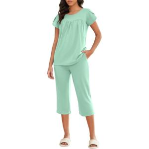 imageEkouaer Capri Cotton Pajama Sets Short Sleeve Pleated Top and Pants 2 Piece Pjs Sleepwear with Pockets for WomenGreen 2