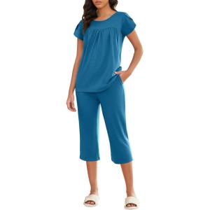 imageEkouaer Capri Cotton Pajama Sets Short Sleeve Pleated Top and Pants 2 Piece Pjs Sleepwear with Pockets for WomenLake Blue