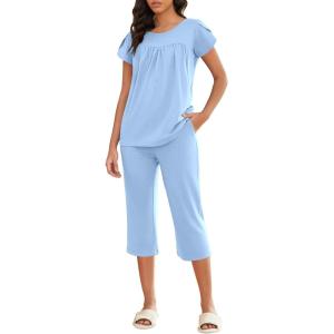imageEkouaer Capri Cotton Pajama Sets Short Sleeve Pleated Top and Pants 2 Piece Pjs Sleepwear with Pockets for WomenLight Blue
