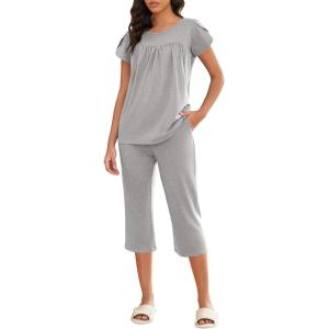 imageEkouaer Capri Cotton Pajama Sets Short Sleeve Pleated Top and Pants 2 Piece Pjs Sleepwear with Pockets for WomenLight Gray