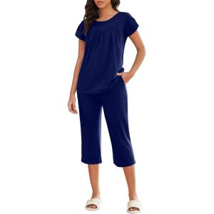 imageEkouaer Capri Cotton Pajama Sets Short Sleeve Pleated Top and Pants 2 Piece Pjs Sleepwear with Pockets for WomenNavy Blue