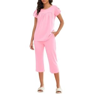 imageEkouaer Capri Cotton Pajama Sets Short Sleeve Pleated Top and Pants 2 Piece Pjs Sleepwear with Pockets for WomenPink