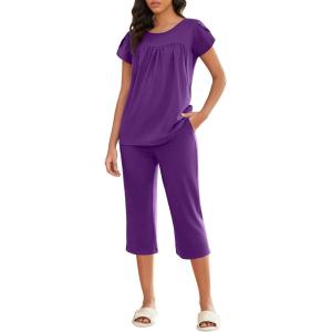 imageEkouaer Capri Cotton Pajama Sets Short Sleeve Pleated Top and Pants 2 Piece Pjs Sleepwear with Pockets for WomenPurple