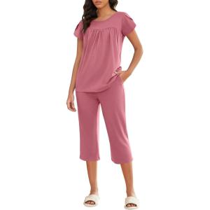 imageEkouaer Capri Cotton Pajama Sets Short Sleeve Pleated Top and Pants 2 Piece Pjs Sleepwear with Pockets for WomenPurple Red