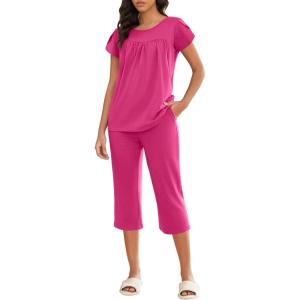 imageEkouaer Capri Cotton Pajama Sets Short Sleeve Pleated Top and Pants 2 Piece Pjs Sleepwear with Pockets for WomenRose Red