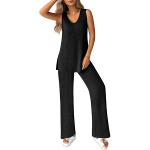 imageEkouaer Womens 2 Piece Lounge Set 2025 Summer Matching Sets Sleeveless Vneck Tank Top Long Pants Pajamas Knit OutfitsBlack