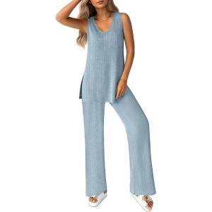 imageEkouaer Womens 2 Piece Lounge Set 2025 Summer Matching Sets Sleeveless Vneck Tank Top Long Pants Pajamas Knit OutfitsClear Blue