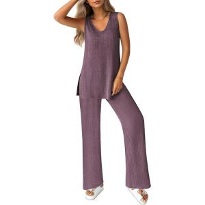 imageEkouaer Womens 2 Piece Lounge Set 2025 Summer Matching Sets Sleeveless Vneck Tank Top Long Pants Pajamas Knit OutfitsDark Purple