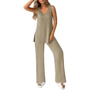 imageEkouaer Womens 2 Piece Lounge Set 2025 Summer Matching Sets Sleeveless Vneck Tank Top Long Pants Pajamas Knit OutfitsKhaki