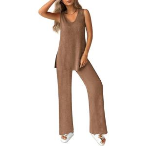 imageEkouaer Womens 2 Piece Lounge Set 2025 Summer Matching Sets Sleeveless Vneck Tank Top Long Pants Pajamas Knit OutfitsLight Brown