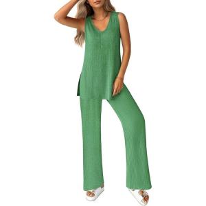 imageEkouaer Womens 2 Piece Lounge Set 2025 Summer Matching Sets Sleeveless Vneck Tank Top Long Pants Pajamas Knit OutfitsOasis