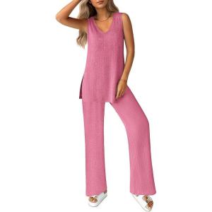 imageEkouaer Womens 2 Piece Lounge Set 2025 Summer Matching Sets Sleeveless Vneck Tank Top Long Pants Pajamas Knit OutfitsRose Red
