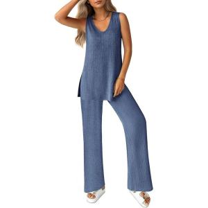 imageEkouaer Womens 2 Piece Lounge Set 2025 Summer Matching Sets Sleeveless Vneck Tank Top Long Pants Pajamas Knit OutfitsRoyal Blue